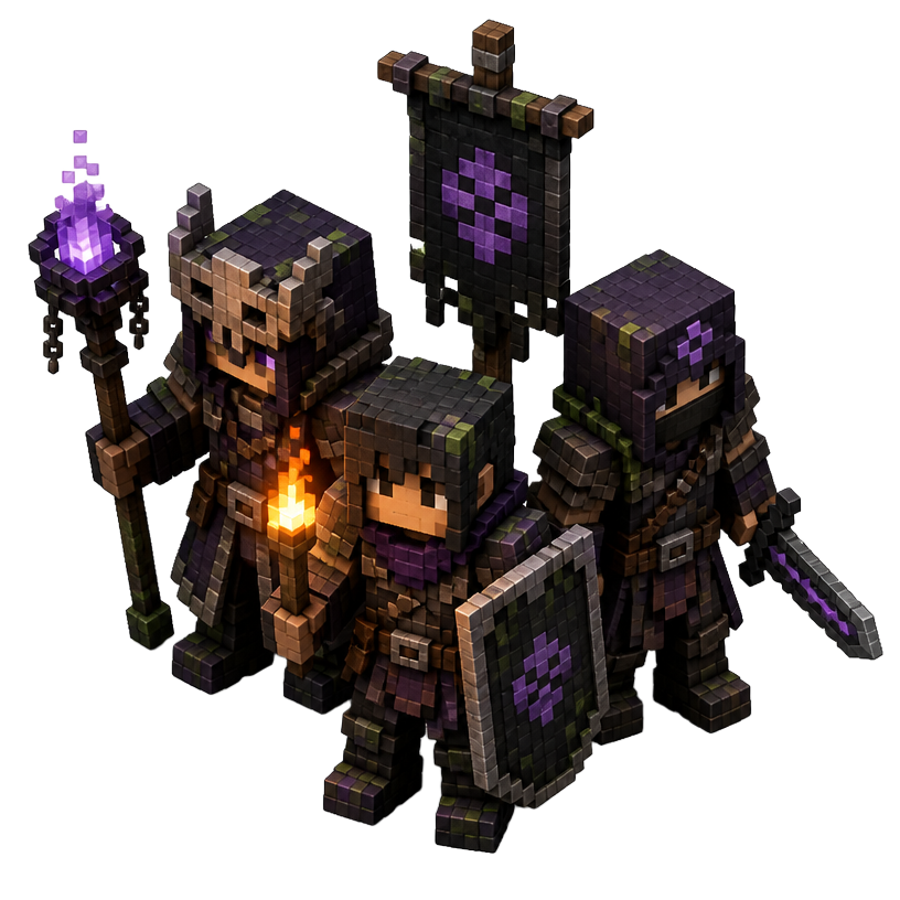 Voxelfigurer: tre spelare tillsammans med fackla och banér