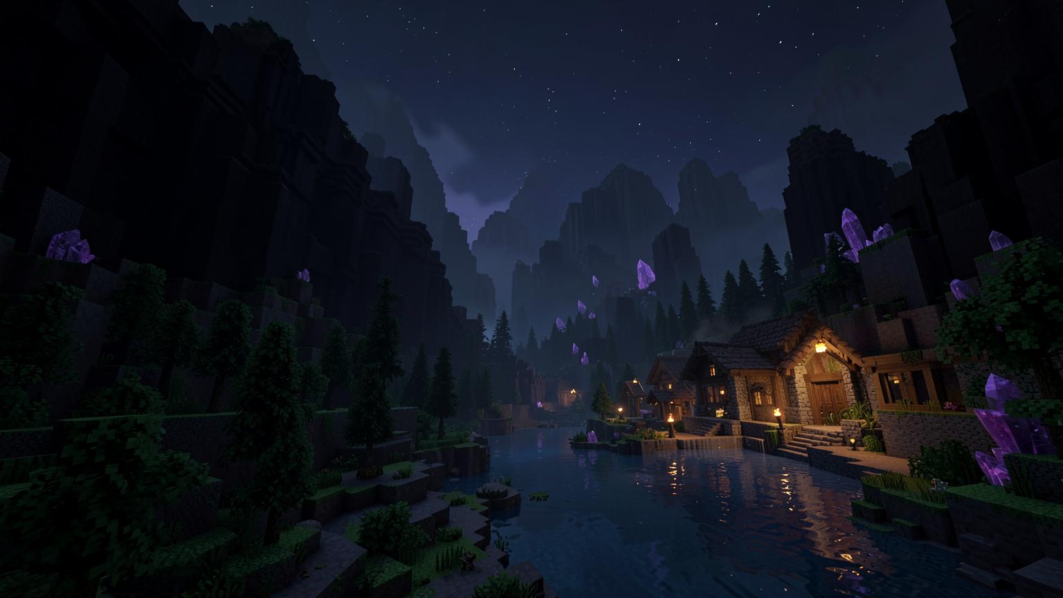 Mörkt obsidianlandskap från Minecraft-servern OBSIDIANS